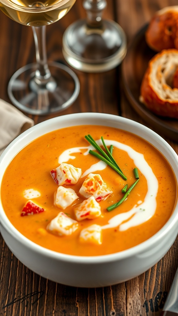 A bowl of creamy lobster bisque garnished with chives, served with bread and wine on a rustic table.